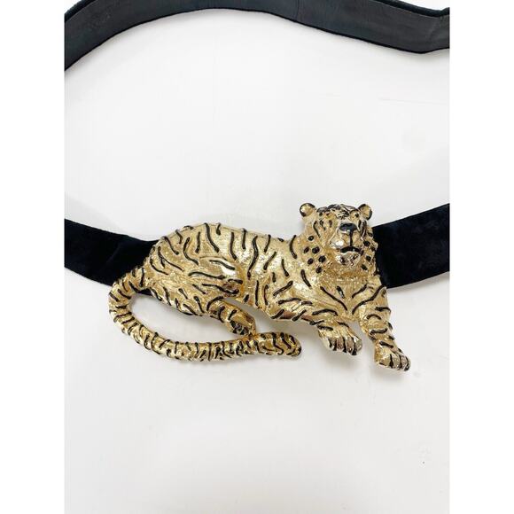 Mimi Di 1987 Gold Tiger Belt Black Leather Suede Vintage Adjustable 31\